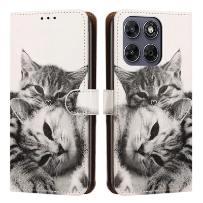 For Motorola Moto G77 5G  /  Moto G67 5G Case Pattern Printed Wallet Flip Stand PU Leather Phone Cover with Wrist Strap - Heart and Cats