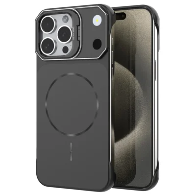 For iPhone 13 Pro Magnetic Case Lens Frame Kickstand Matte PC Frameless Phone Cover - Black