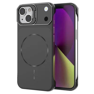 For iPhone 14 Magnetic Case Lens Frame Kickstand Matte PC Frameless Phone Cover - Black