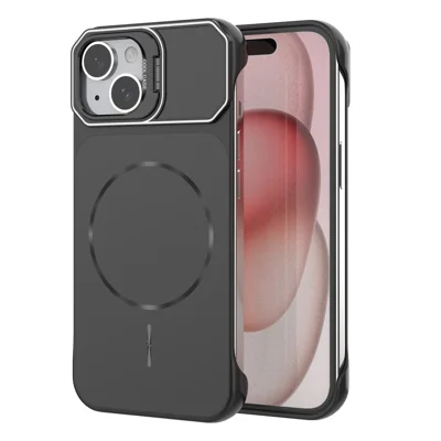 For iPhone 15 Magnetic Case Lens Frame Kickstand Matte PC Frameless Phone Cover - Black
