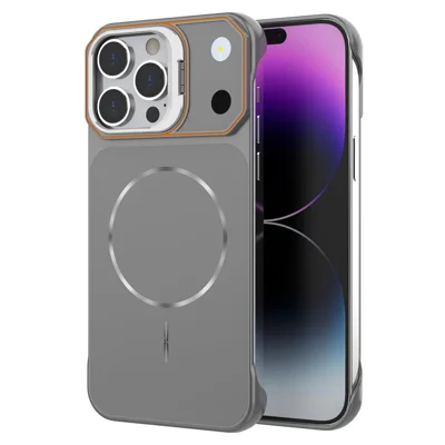 For iPhone 15 Pro Magnetic Case Lens Frame Kickstand Matte PC Frameless Phone Cover - Grey