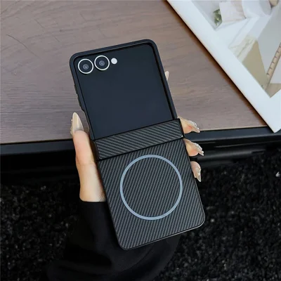 For Samsung Galaxy Z Flip8 Magnetic Case Carbon Fiber Texture Folding Phone Cover - Black