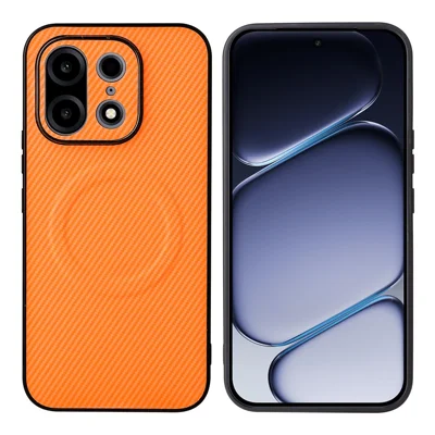 Coque pour OnePlus Turbo 6X Pro 5G, motif fibre de carbone, revêtement en cuir PU, coque en TPU et PC avec anneau métallique pour support magnétique de voiture - Orange