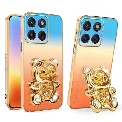 SINGIUZOO Für Motorola Edge 70 5G / Moto X70 Air 5G Hülle Glitzer Bär Ständer Galvanisierte Verlaufsfarbe PC + TPU Handyhülle - Orange