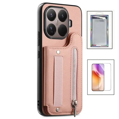 Für Xiaomi 17T Hülle Elastisches Handgelenkband Jeansstoff-Optik Lederrückseite mit gehärtetem Displayschutzfolie - Rosa