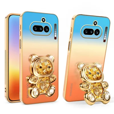 SINGIUZOO For Nothing Phone (4a) Case Glitter Bear Kickstand Electroplated Gradient Color PC + TPU Phone Cover - Orange