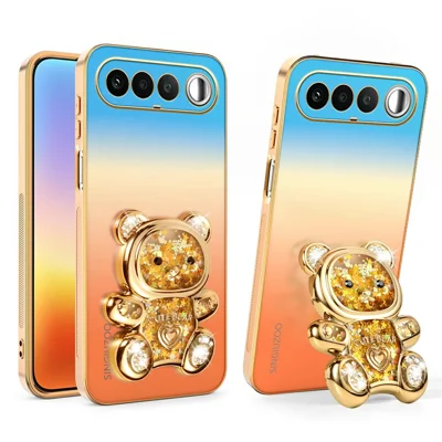 SINGIUZOO لـ Realme 16 5G غطاء هاتف بتصميم دب لامع مع حامل وامتصاص ألوان تدريجي من PC + TPU - برتقالي
