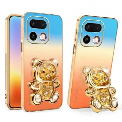 SINGIUZOO Etui na Realme 16 Pro+ 5G z klapką w kształcie misia i brokatem, elektroprzewodzące gradientne pokrycie PC + TPU - Pomarańczowy