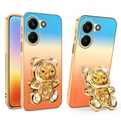 SINGIUZOO pour Xiaomi Redmi Turbo 5 5G Coque à Support Ourson Pailleté Revêtement Électroplacé Dégradé PC + TPU - Orange
