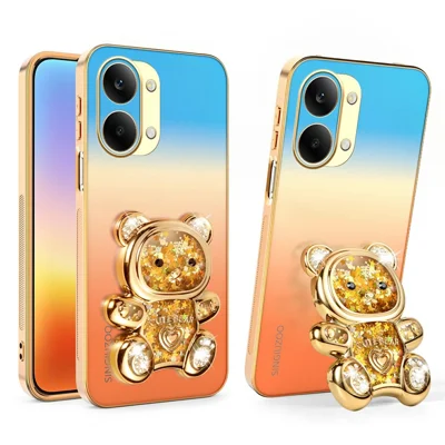 SINGIUZOO til Xiaomi Redmi Turbo 5 Max 5G hylster med glitrende bjørn stå-stand, elektropladeret gradient farve PC + TPU telefonhylster - Orange