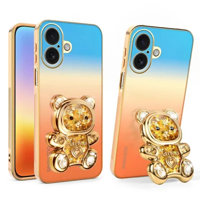 SINGIUZOO pour iPhone 16 Coque à Paillettes avec Support Ourson Électrodéposé Couleur Dégradée PC + TPU - Orange