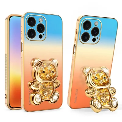 SINGIUZOO pour iPhone 16 Pro Max Coque à Support Ourson Pailleté Revêtement Gradient Électrolyse PC + TPU - Orange