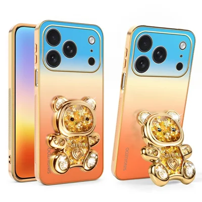 SINGIUZOO pour iPhone 18 Pro / 17 Pro Coque Paillettes Support Ours Électroplacage Couleur Dégradée PC + TPU - Orange