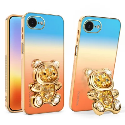 SINGIUZOO pour iPhone 17e / 16e Coque avec Support 3D Ourson Pailleté Revêtement Dégradé Métallisé PC + TPU - Orange