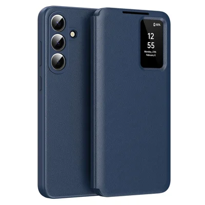 Für Samsung Galaxy S26 FE Hülle mit Kartenfach Smart View Fenster Ledertasche - Saphir