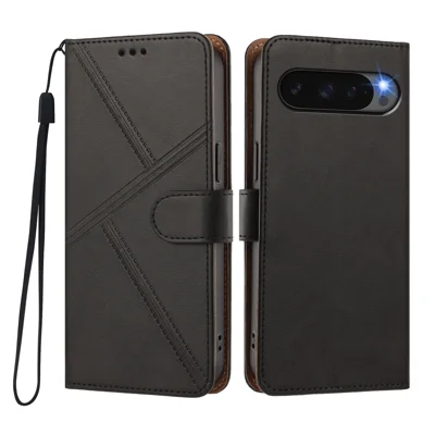  For Google Pixel 10 / Google Pixel 9 / Google Pixel 9 Pro / Google Pixel 10 Pro Case Diamond Stitch PU Leather Wallet Flip Phone Cover with Wrist Strap - Black
