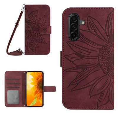  For Samsung Galaxy A27 5G Wallet Case Sunflower Imprinted  PU Leather Phone Stand Cover with Shoulder Strap - Wine Red