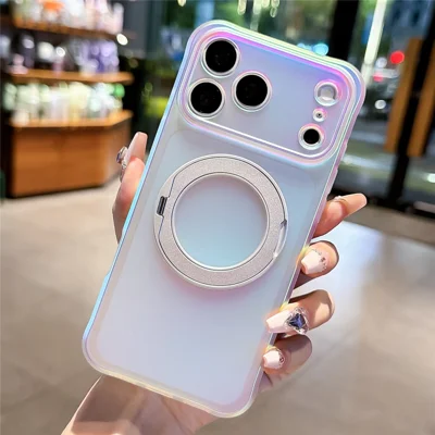 För iPhone 18 Pro Max / 17 Pro Max Skal Med Rotationsbar Magnetiskt Stöd Iridescerande PC + TPU IMD Mobilskal - Vit