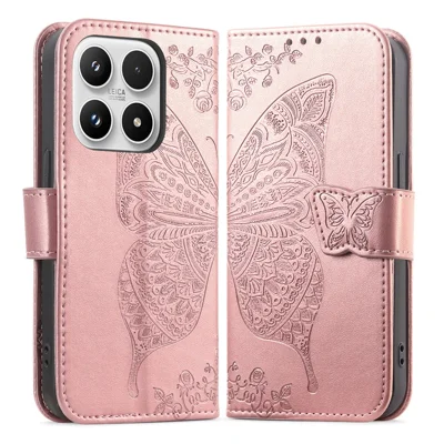 For Xiaomi 17 Max Case with Strap Butterfly Pattern PU Leather Wallet Phone Cover - Rose Gold