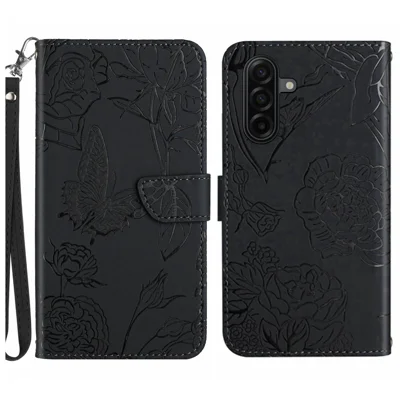  For Samsung Galaxy A27 5G Case with Wrist Strap Butterfly Flower Imprinted Leather Phone Cover - Black