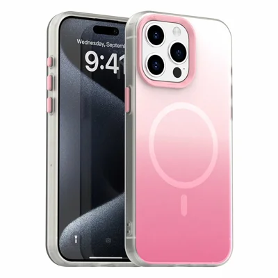 For iPhone 15 Pro Max Magnetic Case Gradient TPU + PET + PC IMD Shockproof Phone Cover - Pink