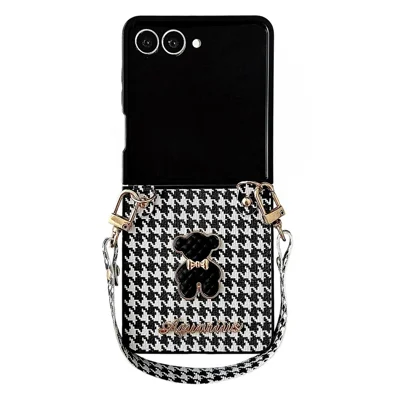 For Samsung Galaxy Z Flip8 Case Bear Charm PU Leather + PC Phone Cover with Wrist Strap - Houndstooth