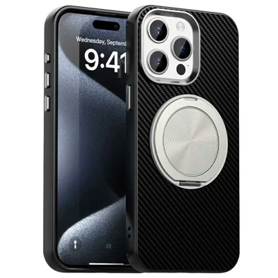 For iPhone 14 Pro Max Case Rotating Magnetic Kickstand Carbon Fiber Texture TPU + PET + PC Phone Cover - Black