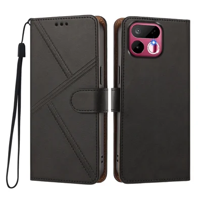 Étui pour Realme 16T 5G - Étui portefeuille en cuir PU avec motif de surpiqûres en losange et dragonne amovible - Noir
