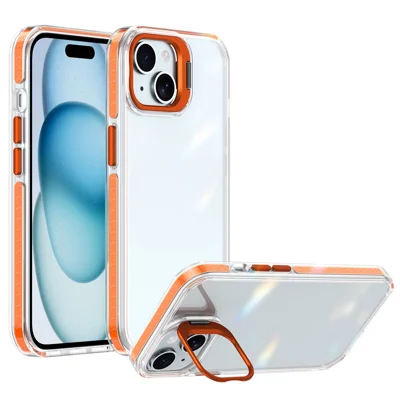 For iPhone 15 Case Metal Camera Kickstand Shockproof Clear PC + TPU Phone Cover - Transparent Orange