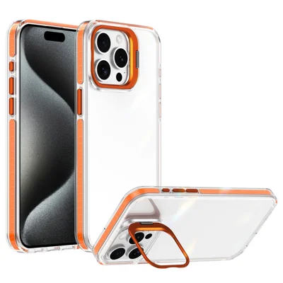 iPhone 15 Pro Max-hoes met metalen camera-standaard, schokbestendig, transparant PC + TPU telefoonhoesje - Transparant oranje