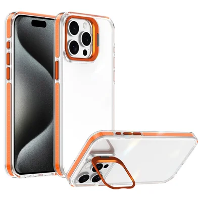 Coque pour iPhone 14 Pro Max avec pied intégré métallique pour objectif de caméra, coque transparente orange résistante aux chocs en PC + TPU