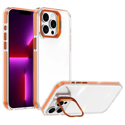 For iPhone 13 Pro Case Metal Camera Kickstand Shockproof Clear PC + TPU Phone Cover - Transparent Orange