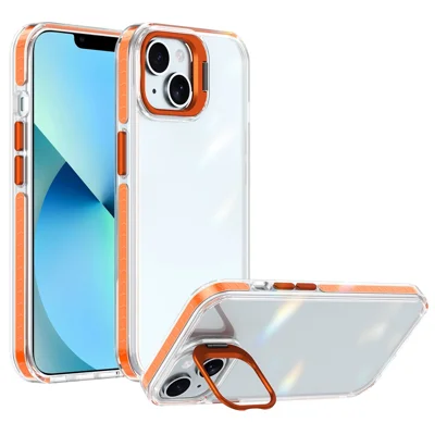 For iPhone 13 Case Metal Camera Kickstand Shockproof Clear PC + TPU Phone Cover - Transparent Orange