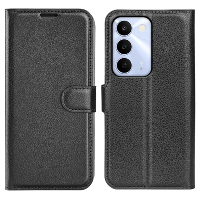 Чехол для Realme C100 5G с отделением для карт, подставкой, текстурой личи, ударопрочный кожаный чехол-кошелек - Черный