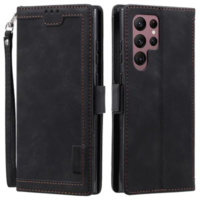 For Samsung Galaxy S23 Ultra Retro Splicing Style PU Leather Shockproof Phone Case Wallet Stand Folio Flip Cover with Strap - Black