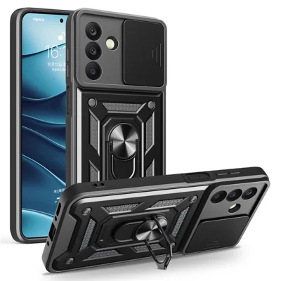 Til Samsung Galaxy A18 5G / A18 4G / A17 5G / A17 4G Taske med Skydelinselem TPC + TPU Stå-telefonbeslag - Sort