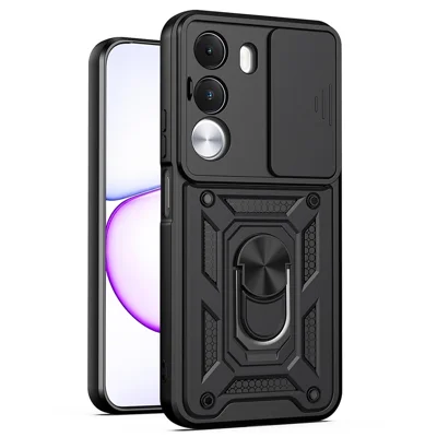 غطاء لهاتف Realme C100x 4G / C100i 4G مع غطاء كاميرا منزلق وحوامل من PC + TPU - أسود