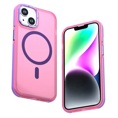 For iPhone 14  /  13 Magnetic Case Color Blocking PC + TPU Anti-Fingerprint Phone Cover - Pink
