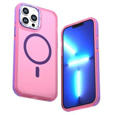 For iPhone 13 Pro Magnetic Case Color Blocking PC + TPU Anti-Fingerprint Phone Cover - Pink