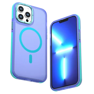 For iPhone 13 Pro Max Magnetic Case Color Blocking PC + TPU Anti-Fingerprint Phone Cover - Blue