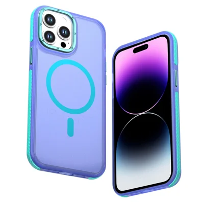 For iPhone 14 Pro Max Magnetic Case Color Blocking PC + TPU Anti-Fingerprint Phone Cover - Blue