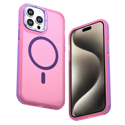 For iPhone 15 Pro Max Magnetic Case Color Blocking PC + TPU Anti-Fingerprint Phone Cover - Pink