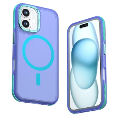 For iPhone 16 Magnetic Case Color Blocking PC + TPU Anti-Fingerprint Phone Cover - Blue