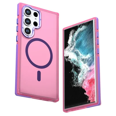 For Samsung Galaxy S22 Ultra 5G  /  Galaxy S23 Ultra Magnetic Case Color Blocking PC + TPU Anti-Fingerprint Phone Cover - Pink