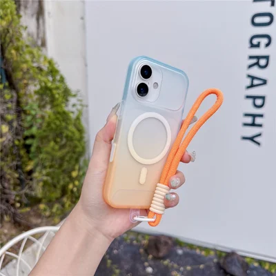 For iPhone 17 Magnetic Case with Hand Strap AI Touch Button Gradient Color TPU Phone Cover - Orange