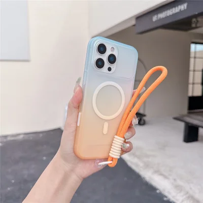 For iPhone 16 Pro Magnetic Case with Hand Strap AI Touch Button Gradient Color TPU Phone Cover - Orange