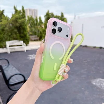 For iPhone 18 Pro Max / 17 Pro Max Magnetic Case with Hand Strap AI Touch Button Gradient Color TPU Phone Cover - Green