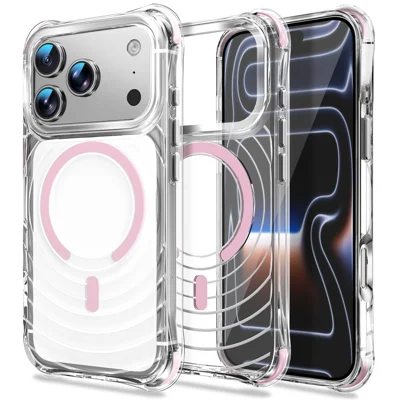 Coque magnétique pour iPhone 17 Pro Max, coque de protection antichoc avec coins amortisseurs d'air, texture ondulée TPU - Rose
