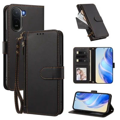  For Xiaomi Redmi A5 4G (171.7mm) / Xiaomi Redmi A5 4G (Global) (171.8mm) / Xiaomi Poco C71 4G / Xiaomi Redmi A7 4G Case 4 Card Slots Wallet Stand PU Leather Phone Cover with Wrist Strap - Black