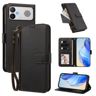  For Xiaomi Redmi K90 Max 5G Case 4 Card Slots Wallet Stand PU Leather Phone Cover with Wrist Strap - Black